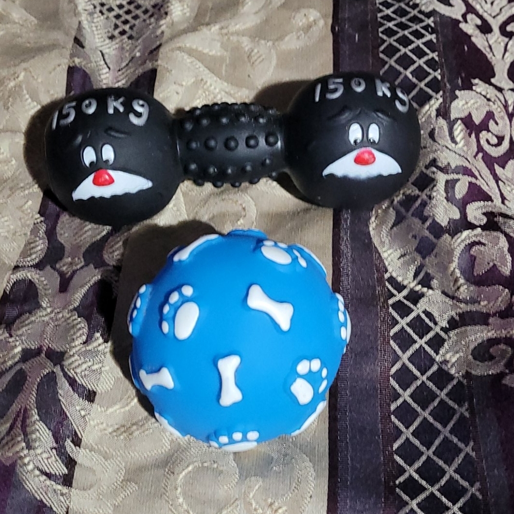 5/$25 Set of 2 small dog toys: blue ball & blk dumbbell